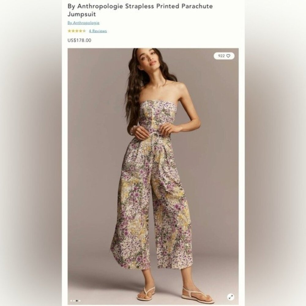 Anthropologie Strapless Printed Parachute Jumpsuit — Lavender, Yellow, Cream